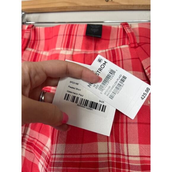 NWT Smythe Pleated Mid Rise A-Line Shorts Women's Watermelon Plaid Size: 10 - Picture 5 of 8